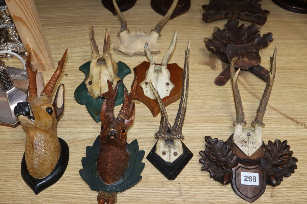 A quantity of taxidermic antlers, horns and deer feet, several on Black Forest mounts